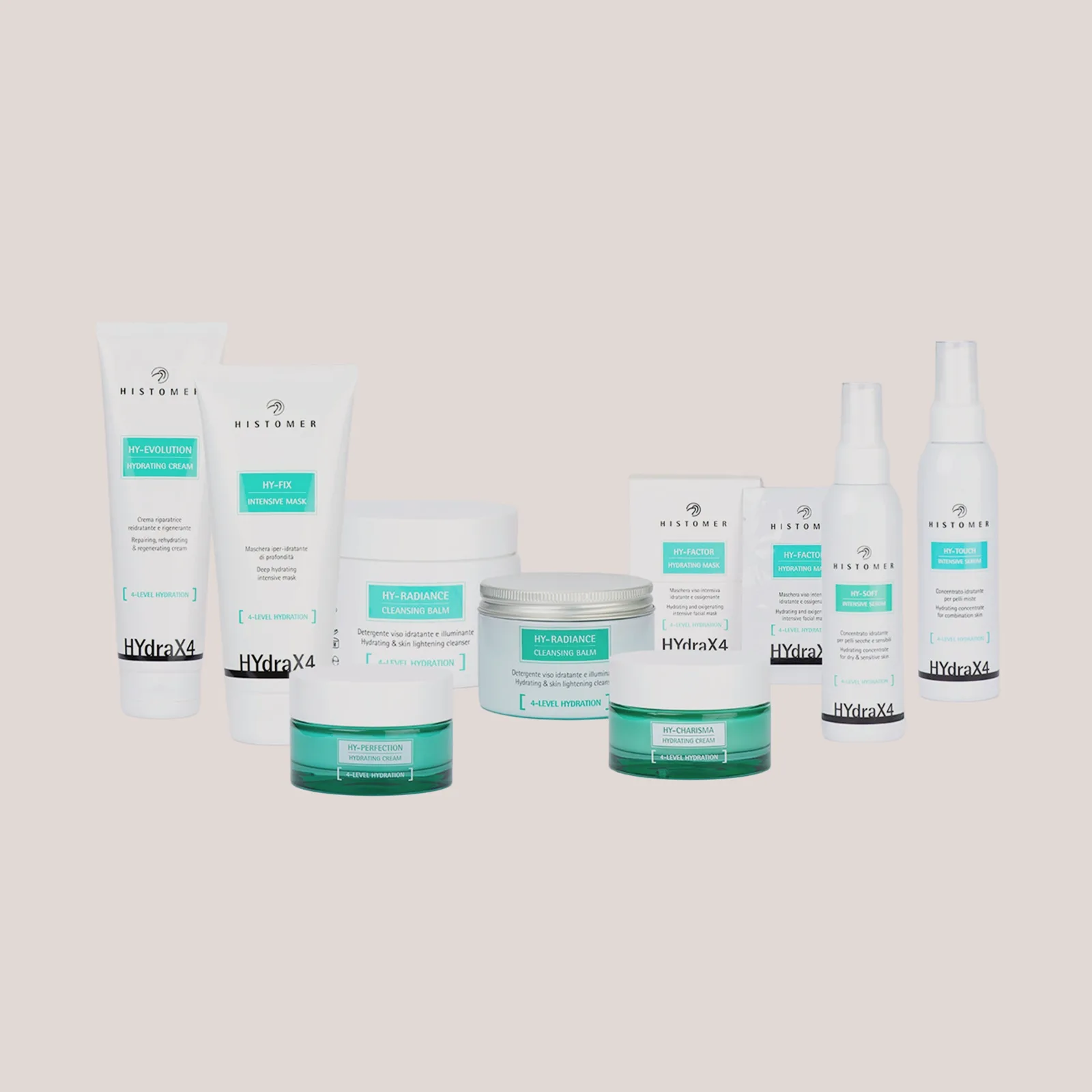 Gama completa de la línea HydraX4 de Histomer: tratamiento facial hidratante profesional en 4 niveles de la epidermis
